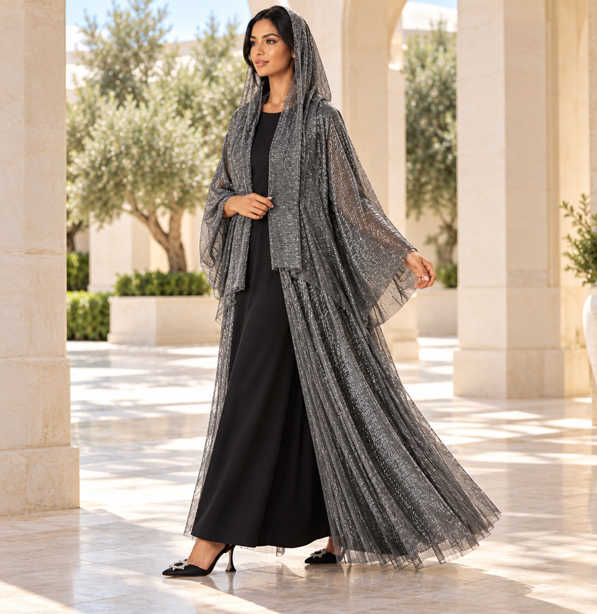 Shimmer Pleated Open Abaya Set