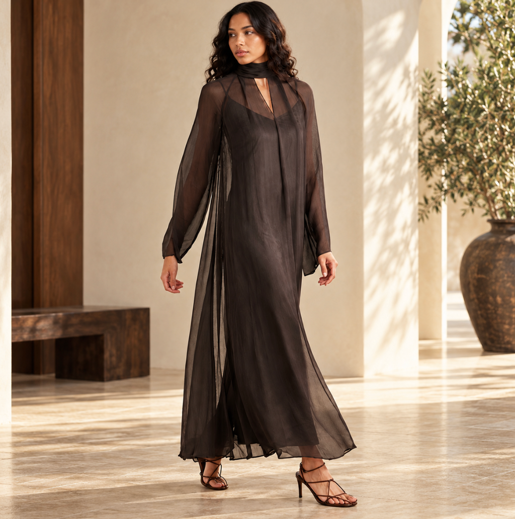Sheer Tie-Neck Layered Maxi Dress