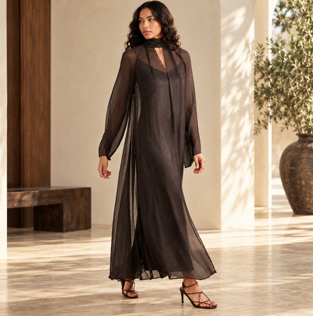 Sheer Tie-Neck Layered Maxi Dress