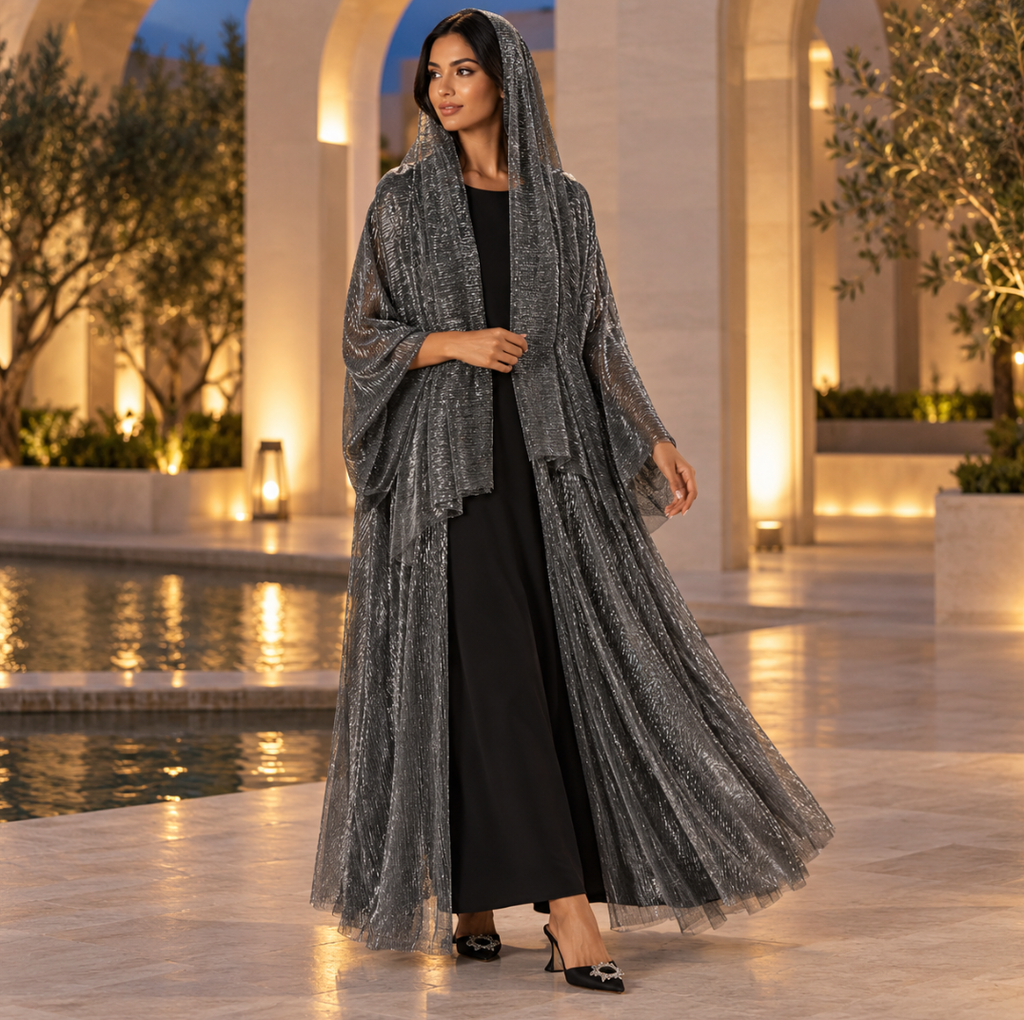 Shimmer Pleated Open Abaya Set