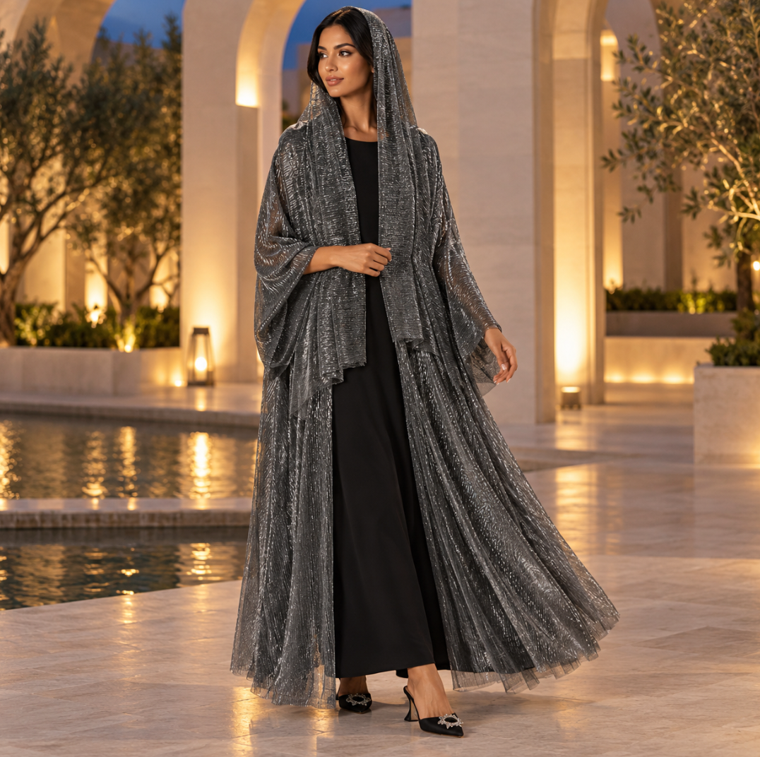 Shimmer Pleated Open Abaya Set
